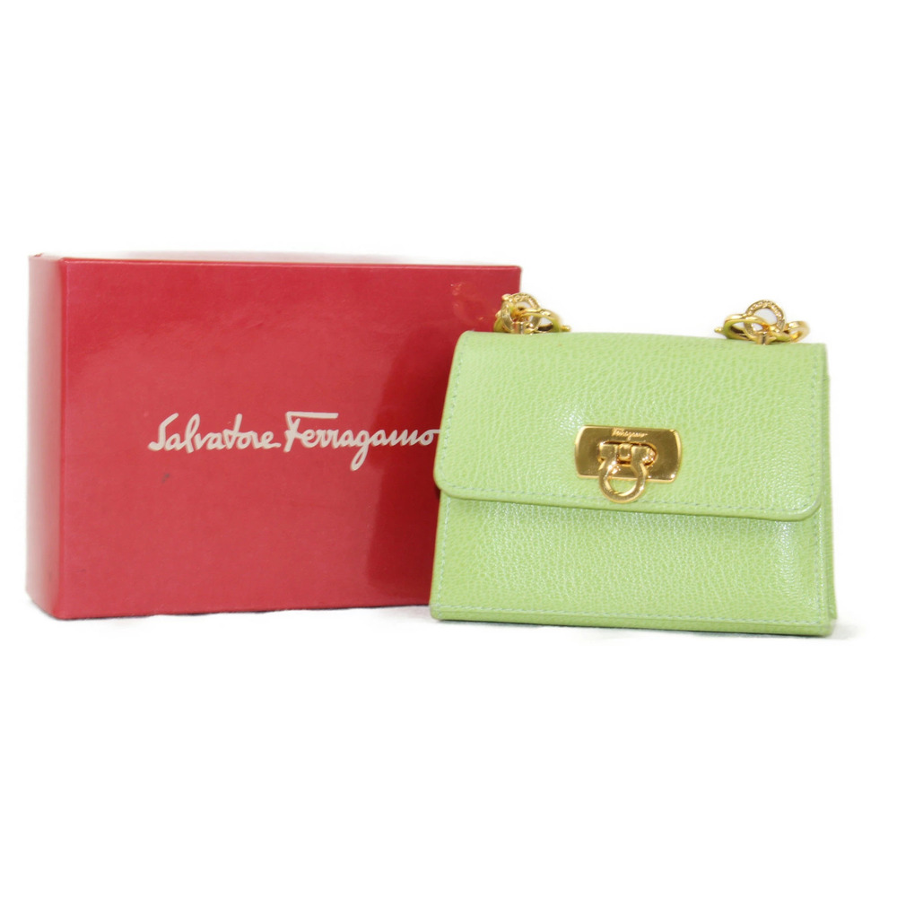 Salvatore Ferragamo Chain Shoulder Bag Green Leather Clutch Pochette Yellow